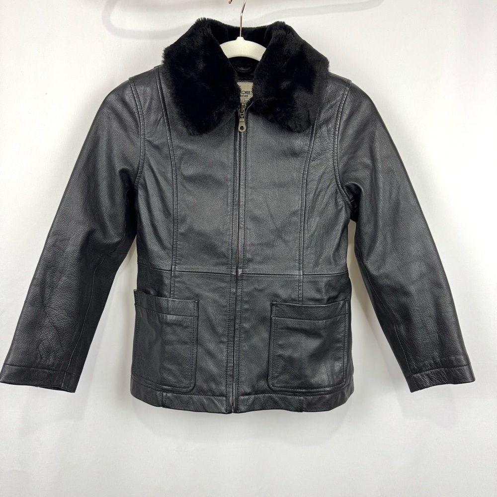 Vintage Cherokee Kids Sz M (7/8) Black Leather Bomber Jacket Faux Fur Collar Y2K